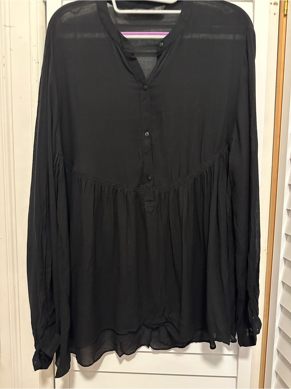 Zara Black Long-Sleeve Button-Front Tunic Blouse